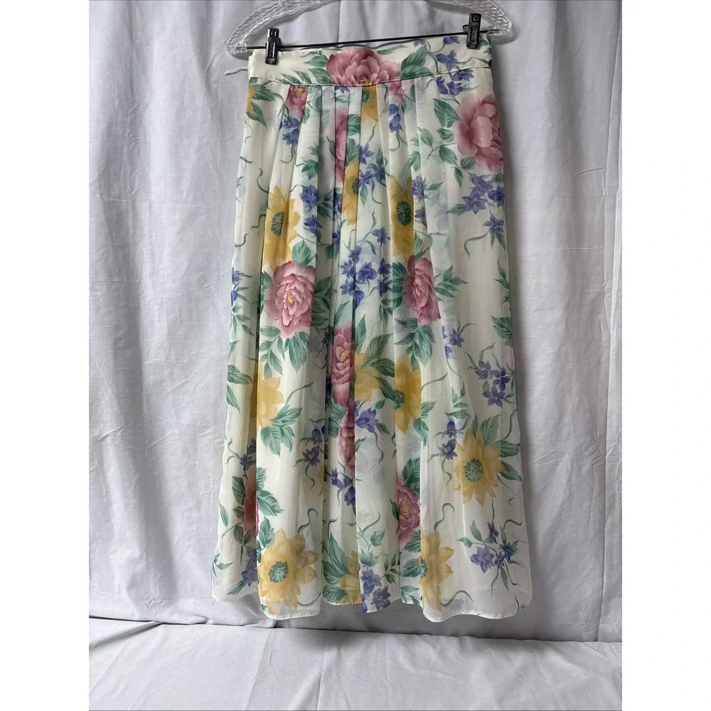 St Michael Pleated Midi Skirt Women Sz 12 (W28) Pastel Floral Print Lined NWOT